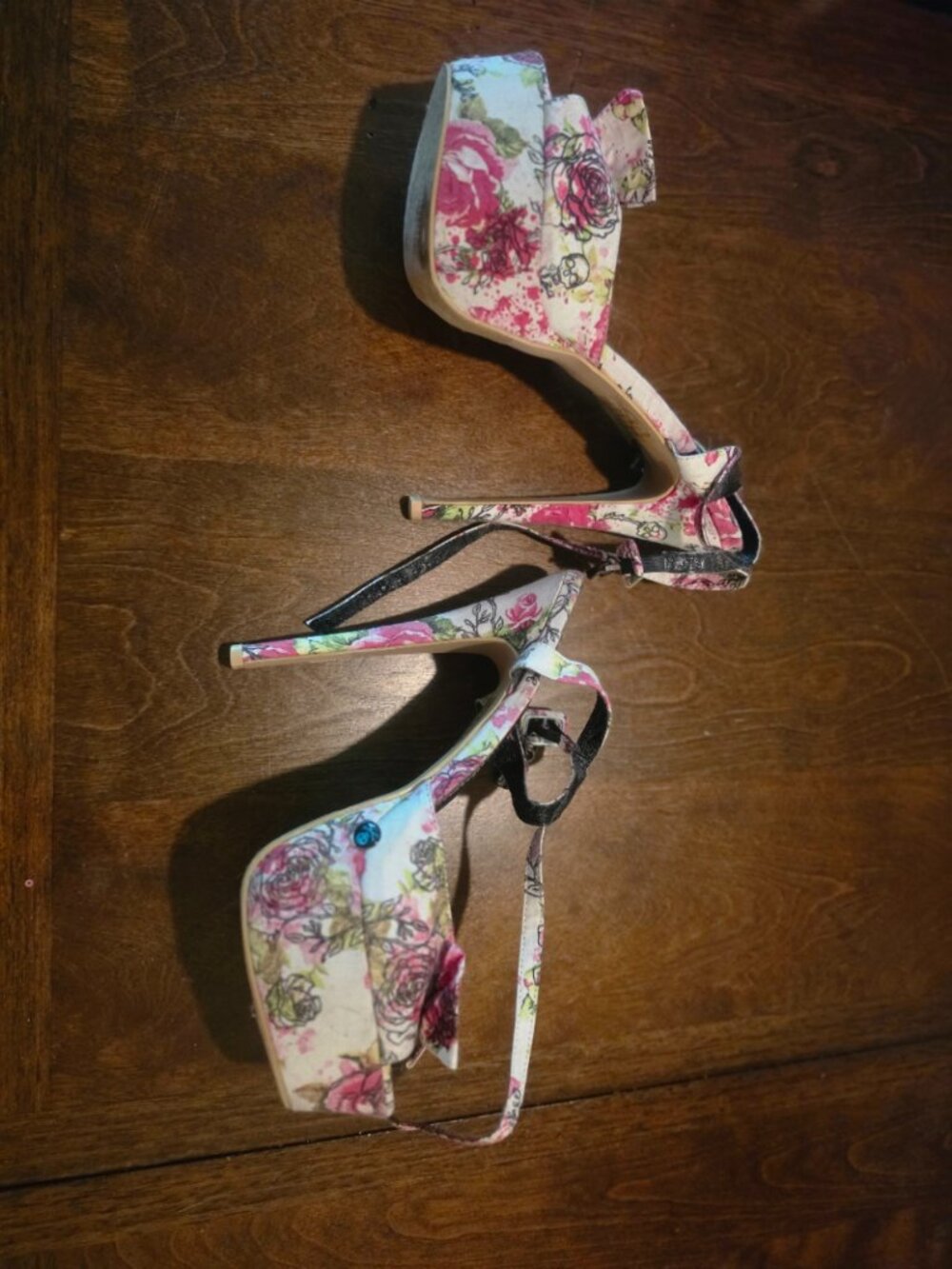Iron Fist Pink Floral Bow Heels — Ankle Strap — Vintage Pin‑Up Vibes Rare Size 9 - Picture 3 of 6